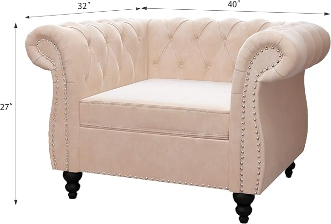 RARZOE Contemporary Velvet Chesterfield Chairs Chesterfield Velvet Club Chair Chesterfield Button Tufted Velvet Scrolled Arms Accent Chair with Nailhead Trim for Living Room Bedroom Office(Beige)