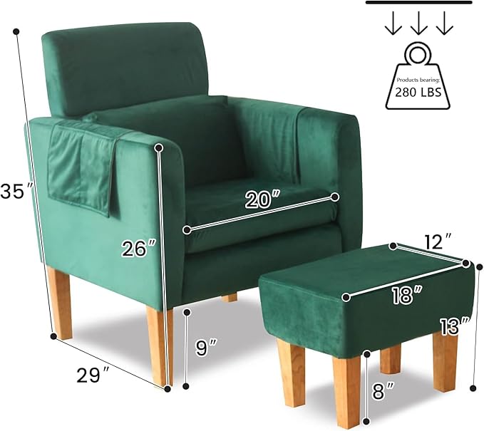 TAKUKA Modern Accent Chair with Ottoman SetComfy Velvet Fabric Armchair with Footrest Upholstered Chair with Side Pocket Soft Reading Lounge Chair for Living RoomBedroomOffice (Velvet Green)