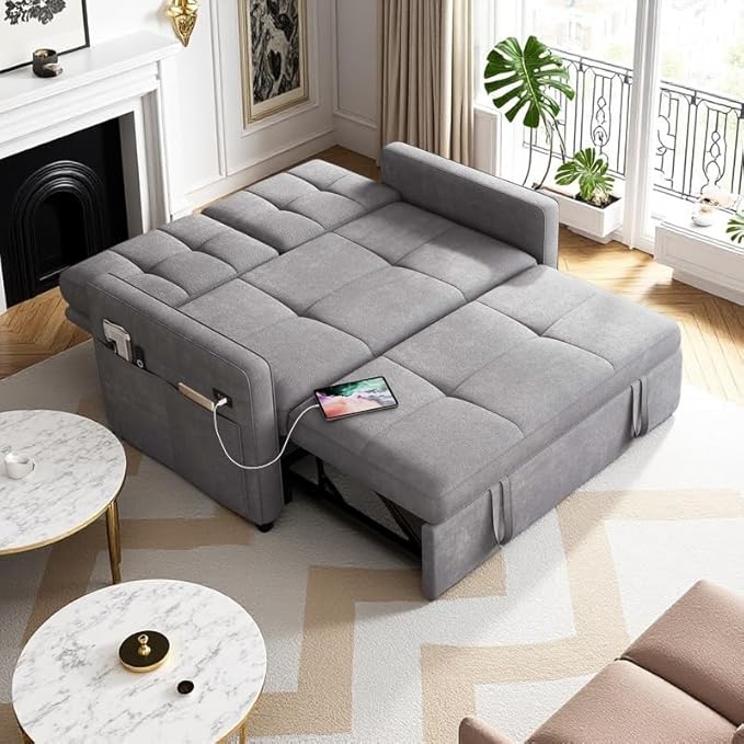 DWVO 55 Convertible Sofa Bed 3-in-1 Sleeper Sofa with Pull-Out Bed Velvet Futon Couch with Adjustable Backrest and USB Modern Loveseat for Living Room Apartment Light Grey