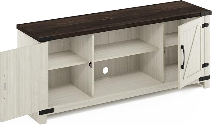 Furinno Jensen Farmhouse Barn Door Living Room TV Stand with Storage Cabinets for TV up to 70 Inch Ebony/White Wash