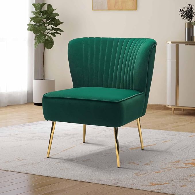 Tina's Home Velvet Armless Accent Chair Upholstered Modern Small Side Chair with Golden Legs Comfy Cute Wingback Slipper Chair for Living Room Study Beauty Room Thickly Padded(Green)