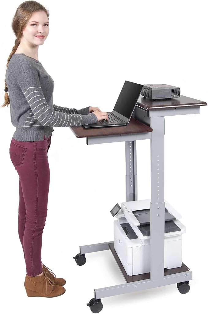 Stand Up Desk Store Rolling Adjustable Height Two Tier Standing Desk Computer Workstation (Silver Frame/Dark Walnut Top 24 Wide)