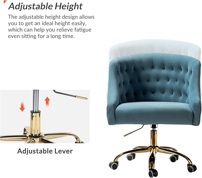 Velvet Home Office Chair with Gold Base Comfortable Modern Cute Desk Chair Height Adjustable Swivel Task Chair for Living Room Bedroom Vanity Study Blue
