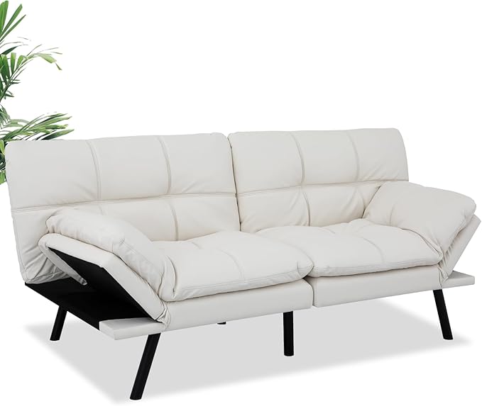MUUEGM Futon Couch with 71 Adjustable High Density Memory Foam Futon Sofa Bed Modern Design Sofa Bed for Living Room Sleeping and Relaxing(Leather White)