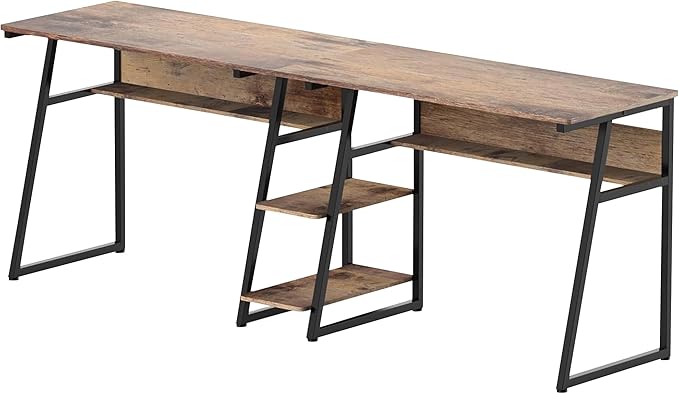 J.M.Deco 81'' Two Person Computer Desk with Storage Shelves Extra Long Study Writing Table Workstation for Home Office (Rustic Brown)