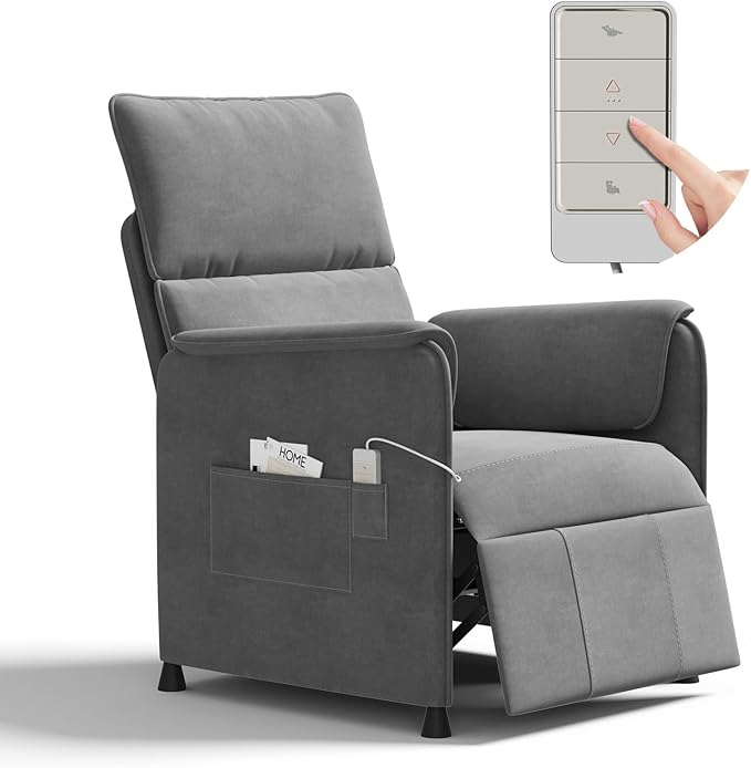 Recliner ChairElectric Adjustable Chenille Recliner with Remote Control and Padded BackrestHome Theater Recliner Single Sofa Seat with Thick Seat Cushion for Living Room Bedroom (Grey)