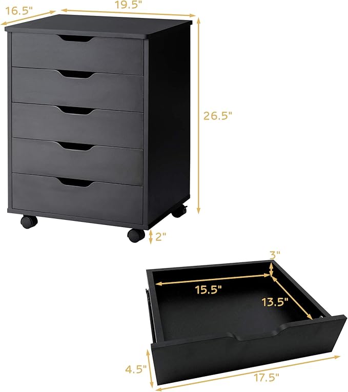 5 Drawers File Storage Cabinet 26.5 Vertical Filling Cabinet for Home Office Under Desk Office Drawer Organizer Universal &amp Lockable Casters Rolling Printer Storage Rack (Black)