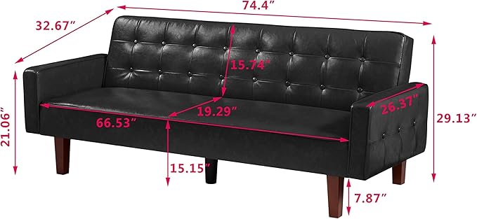 Modern PU Leather 3-Seat Couch Adjustable Backrest Convertable Sofa Sleek Minimalist Fold Out Couch Loveseat with Armrests Sofa for Living Room Home Office Spaces Black