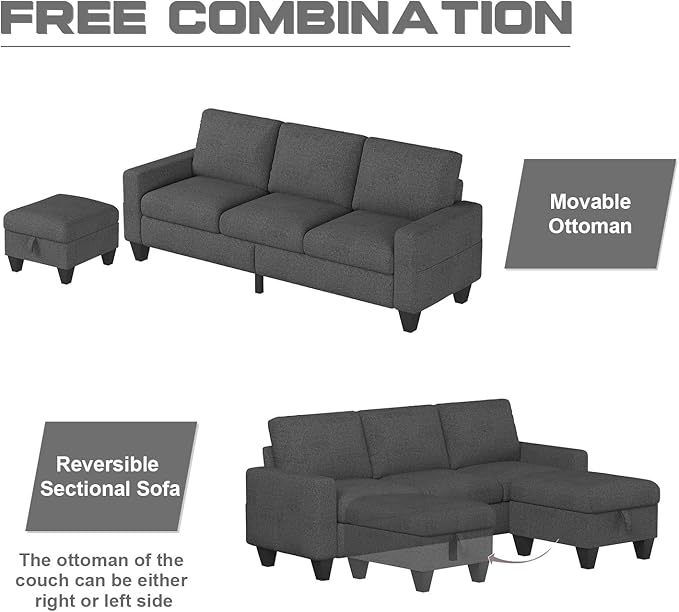 78'' Convertible Sectional Sofa Couch: Dark Grey 3 Seat L-Shaped Sofa Couches with Storage Ottoman and Pockets - Modern Linen Upholstered Sofa Couch Sets for Living Room Office Apartment Small Space