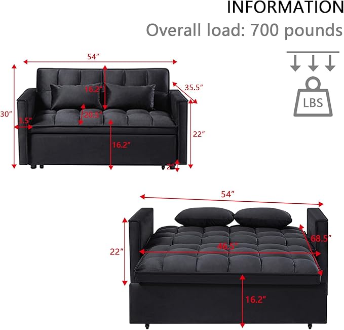 54 Convertible Sofa Bed Velvet Sleeper Sofa with Pull-Out Bed 3-in-1 Futon Couch with Reclining Backrest and Side Pocket Modern Loveseat for Living Room (Black)