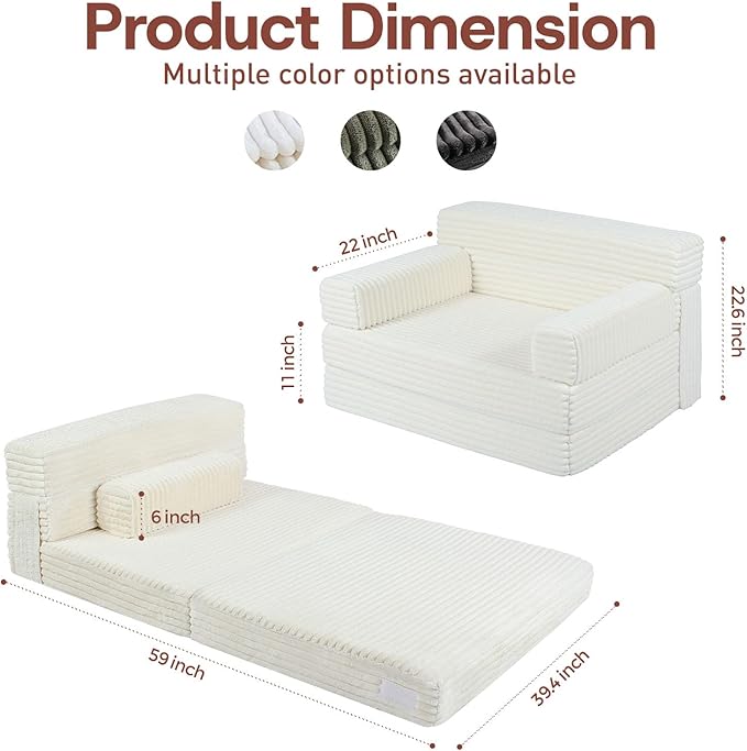 Folding Sofa BedConvertible Sofa Bed with Armrest Foldable Sleeper Chair Portable Folding 4-in-1 Floor Sofa with Convertible Lounge Chair for Living RoomBedroomWashable CoverWhite Single