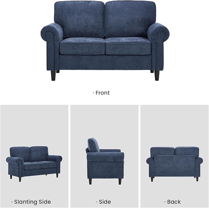 Kingfun Loveseat 2 Seater Couch Mid Century Modern Chenille Sofa with Rolled Arms and Deep Seats Fluffy Comfort for Living Room Apartment Easy Assembly Blue