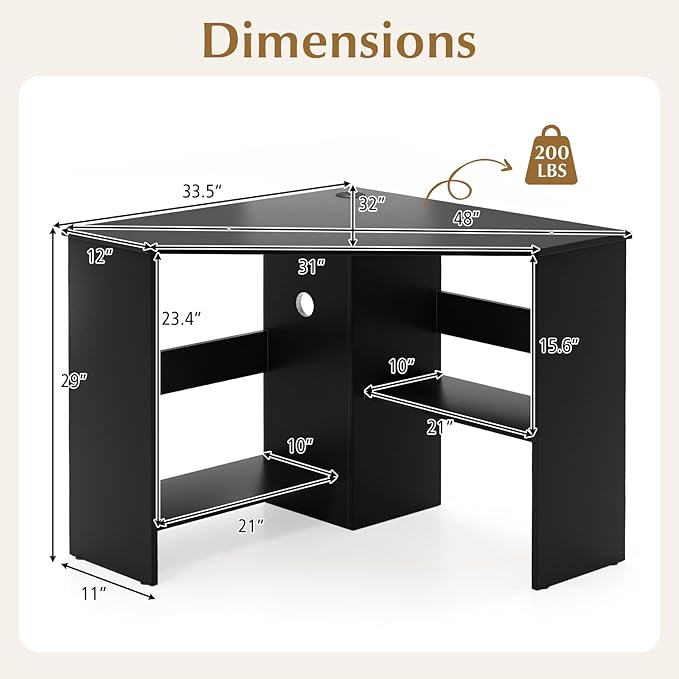 NAFORT Triangular Corner Desk with Storage Shelves and Cable Holes Space Saving Writing Desk Multi Functional Workstation for Home Office Bedroom PC Laptop Computer Table Black