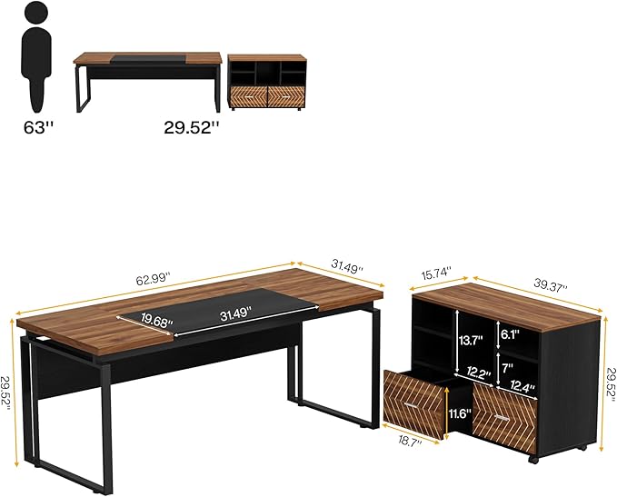 LITTLE TREE 63 L-Shaped Executive Office Desk with File Cabinet Combo Large Modern Office Desk for Home Office Reversible 2-Drawer Wood File Cabinet for A4/Letter Size Files(Brown &amp Black)