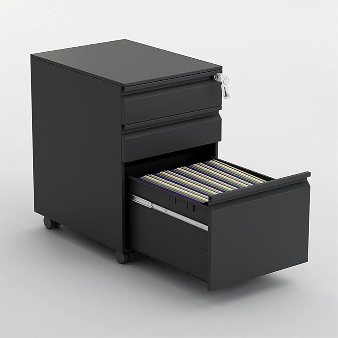 File Cabinet 3 Drawer Metal Mobile File Cabinet with Lock Under Desk Storage(Color:Black)