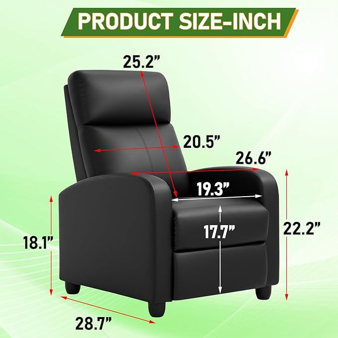 PayLessHere Recliner Chair Single Reclining Sofa Home Theater Seating with Lumbar Support and Padded Backrest for Living Room and Bedroom (Leather Black-Massage)