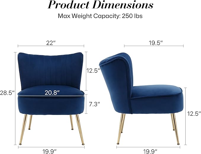 Velvet Accent Chair Set of 2 Comfy Upholstered Side Chair with Gold Metal Legs and Padded Seat Modern Small Corner Armless Living Room Chairs with Wing Back Blue