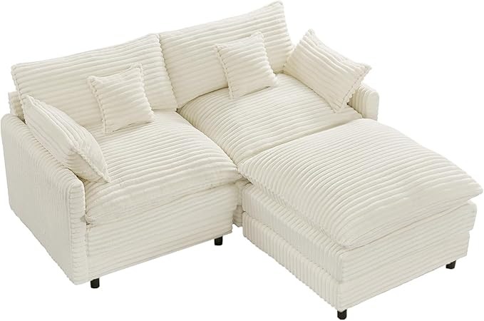 HYJT-H&ampK 74 L Shaped Cloud Couch Modular Small Sectional Couches for Living Room Small Spaces Comfy Fluffy Corduroy Cloud Loveseat with Ottoman 3 Seat Sectionals Sofa White
