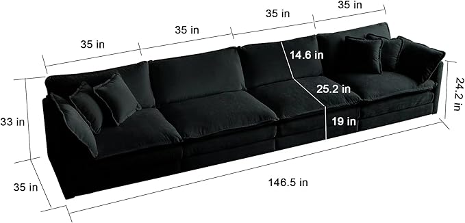 146.5 Sectional Sofa Couch for Living Room Modern Upholstered Sofa 4 Seater Couch with Pillows Deep Seat Sofa Furniture for Apartment Office Chenille Fabric Black