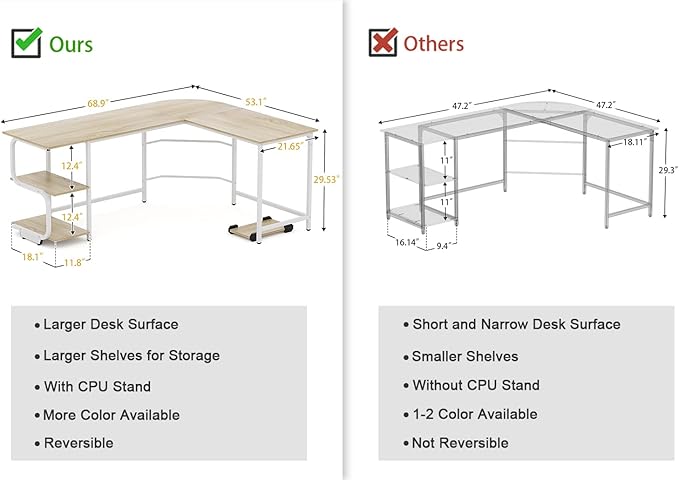 Teraves Reversible L Shaped Desk with Large Surface 69 Inch Sturdy Corner Desk with Storage Shelves Premium Office Computer Desk Workstation for Home Office Gaming