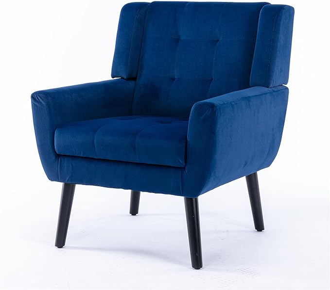 SSLine Velvet Accent Arm ChairMid-Century Modern Upholstered Wingback Single Sofa Armchair Club Chair with Solid Wood Legs Thick Cushion for BedroomReadingLiving Room Chair (Blue)