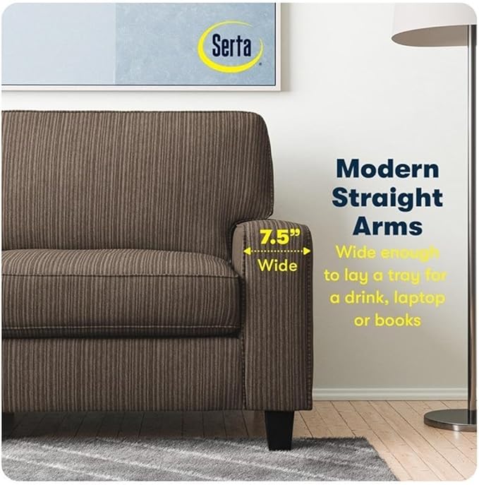 Pemberly Row 61 Track Arm Sofa Loveseat Brown Upholstered Fabric Removable Covers Compact Space-Saving Design Solid Wood Frame High-Density Foam Cushions Modern Living Room or Home Office