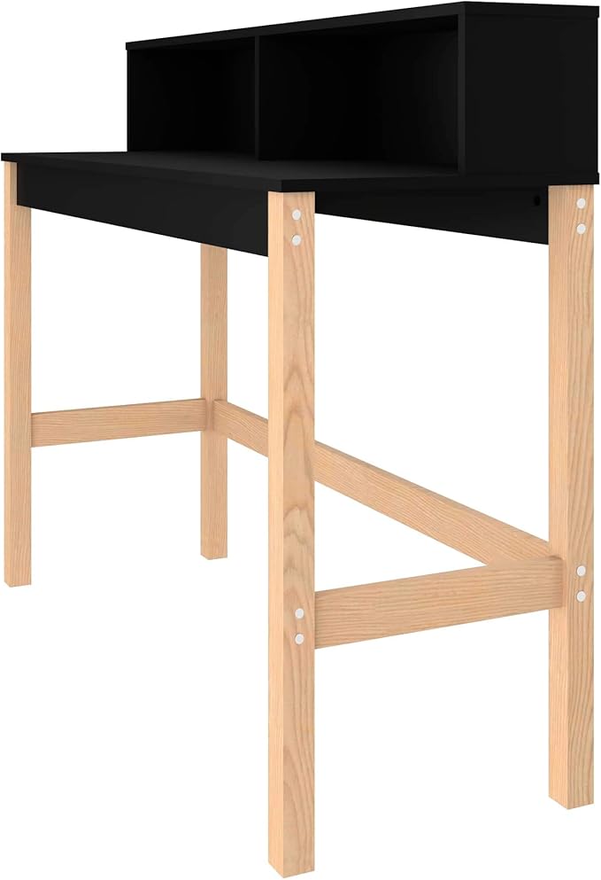Manhattan Comfort Bowery 47 Inch Mid Century Modern Home Office Desk Study Table or Entryway Furniture with 2 Cubbies and Rustic Wood Base Black/Oak