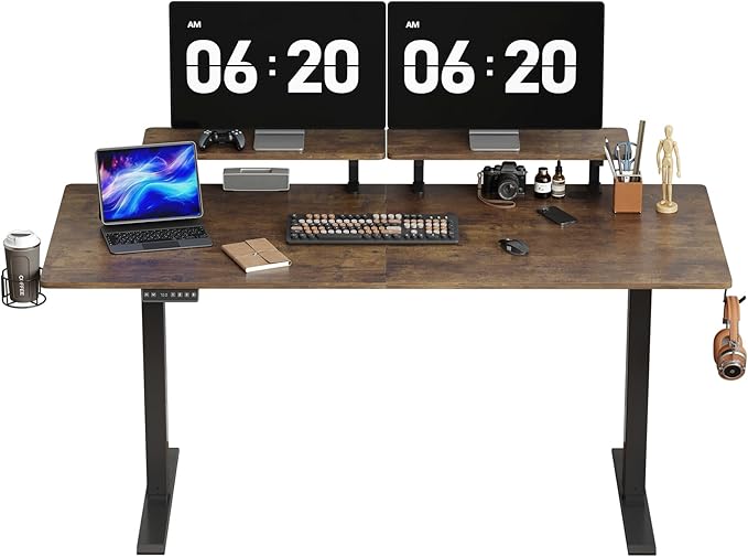 ONBRILL Standing Desk with 2 Adjustable Monitor Shelves 63 x 24 Inches Electric Stand Up Desk with Memory Controller and Adjustable Height from 28-46 inches for Computer Workstations Rustic Brown