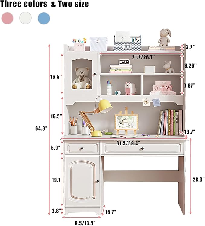 HM&ampDX Study Desk with Hutch &amp Bookshelf &amp DrawersWooden Computer Desk Home Office Desk Teenager DeskCute Writing Study Desk Bookshelf Combo for Girl Boy(31.5inch White)