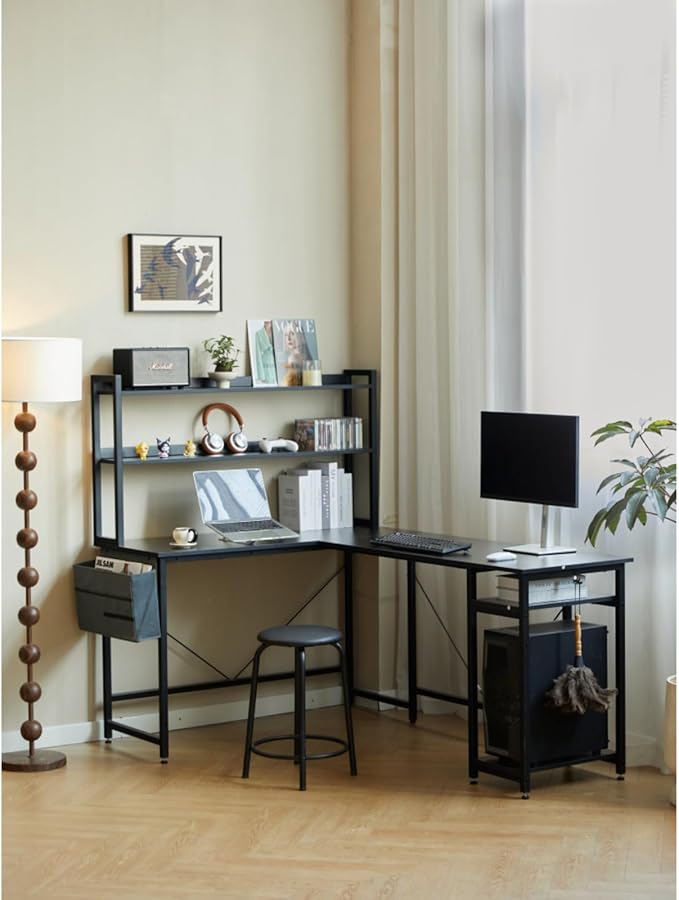 94.5 Inch Home Office Desk L Shape Gaming Desk with Storage Shelves and Padded Stool for Small Space Industrial PC Laptop Desk Corner Work Table with Large Countertop for School and Bedroom Black