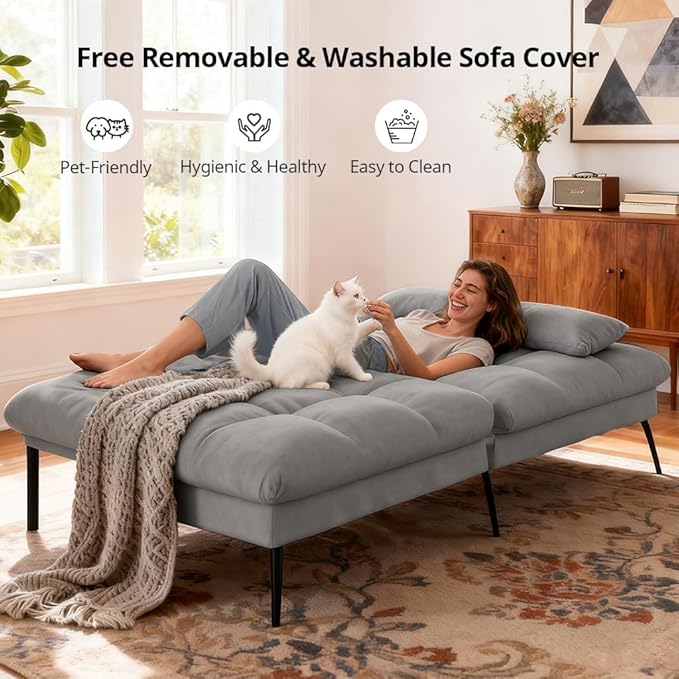COMHOMA Convertible Futon Sofa Bed 72″Fabric Futons Couch with Adjustable Backrest Folding Sleeper Recliner for Living Room Furniture (Grey)