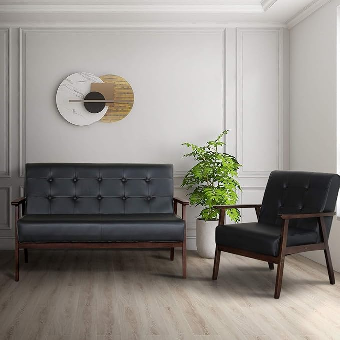 AODAILIHB Black Mid Century Modern Leather Loveseat Sofa Small Office Couch Love Seat with Wood Frame Booth Seating 2 Person Leather Love Seat Couch for Waiting Room