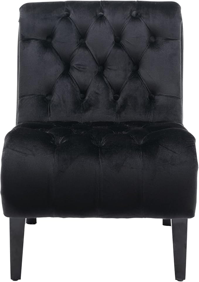 Modern Velvet Armless Accent Living Room Chair Leisure ChairUpholstered Fabric Button Comfortable Chair with Wooden Legs for Bedroom Living Room Office (Black Velvet)