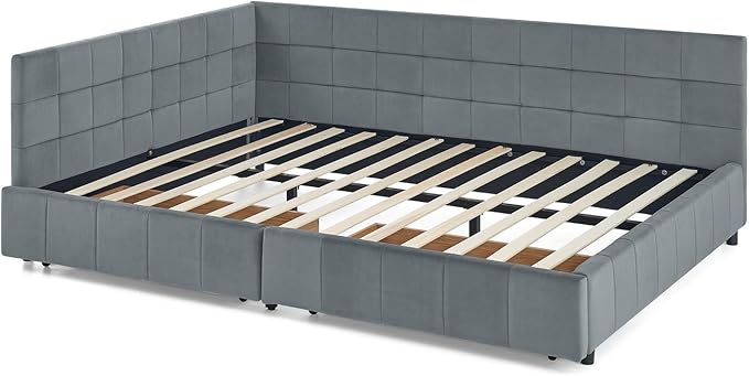 Queen Corner Bed Frame with Storage Drawers Modern Velvet Upholstered Sofa Day Bed Frame with Wood Slats for Living Room Bedroom Guest Room No Box Spring Needed Grey