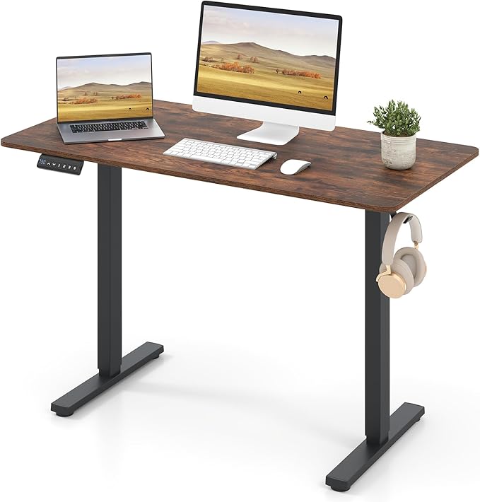Tangkula 48” x 24” Electric Standing Desk Ergonomic Height Adjustable Sit to Stand Desk with 3 Memory Settings Anti-Collision Protection &amp Hook Computer Workstation for Home Office (Rustic Brow