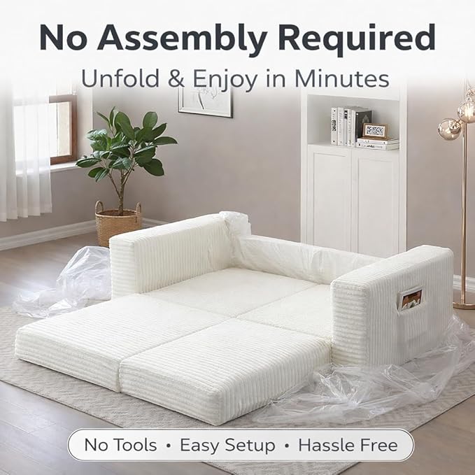 73INCH 2 in 1 Convertible Folding Couch Bed Corduroy Sleeper Sofa with Pull-Out Bed No Assembly Floor Sofa for Living Room Apartment &amp Small Spaces (Beige)