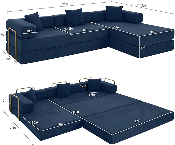 78 Inch Convertible Sleeper Sofa Bed Folding Floor Mattress Couch with Fixed-Shape Frame Futon Boneless Couch Lounge Loveseat with Pull Out Bed No Assembly Required (Blue 108 L-Shaped Sofa Bed)