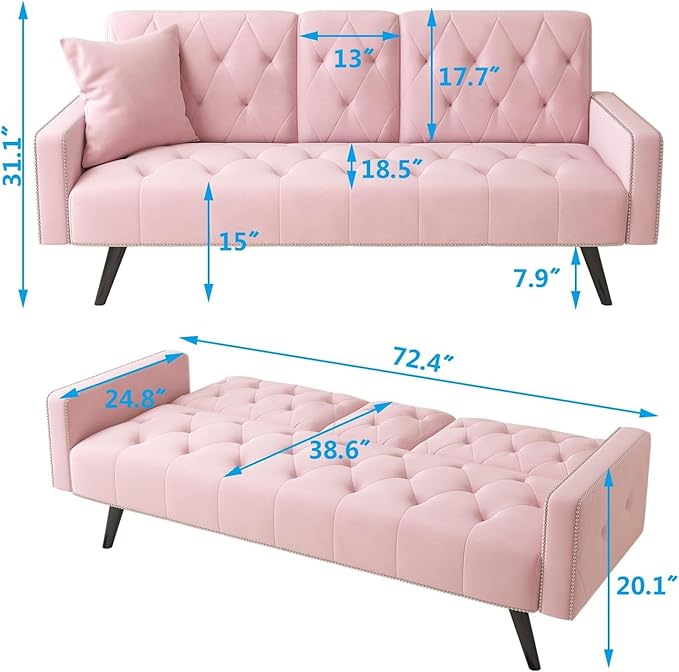72 Pink Velvet Futon Couch Living Room Couch Bed Convertible Sleeper Sofa Bed with Cup Holder for Bedroom Guest Bed 2 Seater Reclining Sofas Couches with Nailhead Trim for Small Space (Pink)