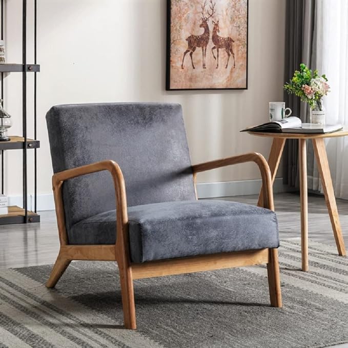 Classic Mid Century Modern Accent Chairs for Living Room or Bedroom Espresso Open ed Armchair with Plush Cushioning and Microfiber Upholstery Light Gray