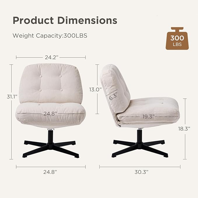 Nouhaus Balloon Criss Cross Chair Cross Legged Swivel Vanity Chair with Wide Comfy Padded Seat Armless No Wheels Fabric Modern Home Lounge Chairs for Living RoomBedroom(Beige)