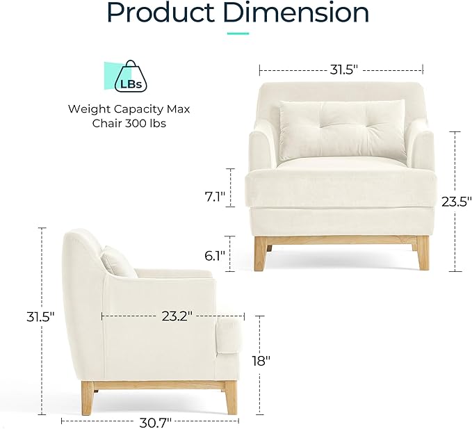 LINSY Accent Chair Large Reading Chair with Rubberwood Base Mid Century Modern Armchair with Lumbar Pillow Cozy Single Sofa Chair for Living Room Bedroom Office Study Velvet Arm Chair Beige