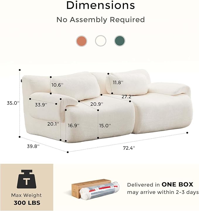72 Loveseat Cloud Couch Sofa Modular Boneless Sectional with Memory Foam 2 Seater Chenille Sofas No Assembly Modern Love Seat Couches for Bedroom or Small Spaces Beige