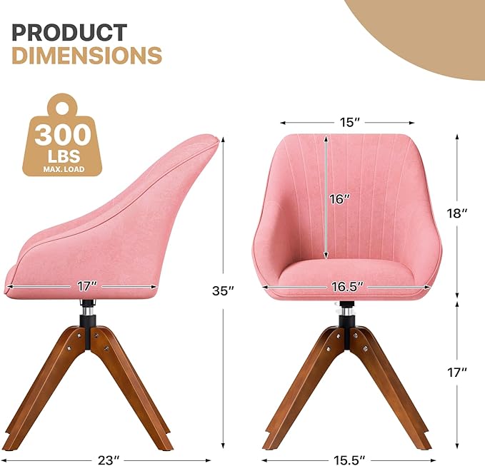 Magshion Mid Century Swivel Accent Chair Set of 2 360° Rotating Fabric Armchair with Oak Wood Legs Modern Reading Chair for Living Room Bedroom Office or Study Pink