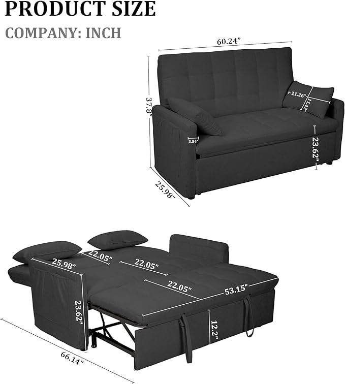 66 Grey Sofa Sleeper Loveseat Sofa Bed Queen Size Pull Out Couch with 2 Pillows Pocket &amp Adjustable Backrest Small Couch Bed for Small Spaces Bedroom Apartment Living Room | Convertible Ad