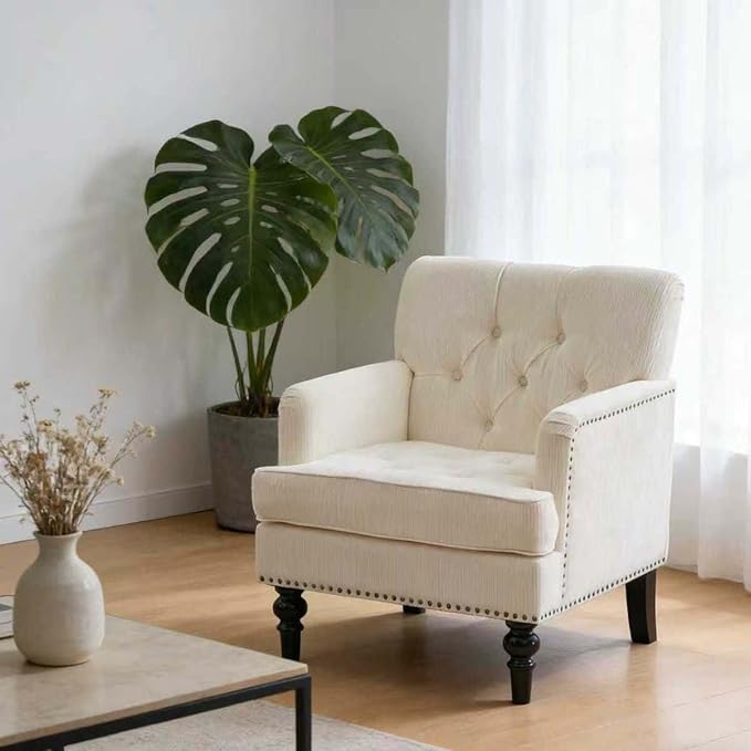 Accent Chair for Living Room Mid-Century Armchairs for Small Spaces Chenille Upholstered Comfy Reading Armchair with Studded for Bedroom (Beige)