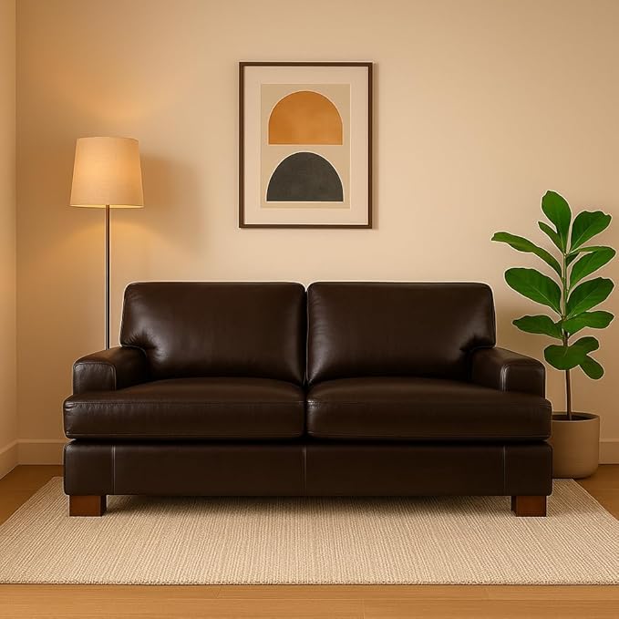 Naomi Home Genuine Leather Loveseat – Goose Feather Cushion Filling Square Arm Design Sturdy Block Legs – Cozy 2-Seater Sofa – Ideal for Living Room Office or Bedroom Espresso