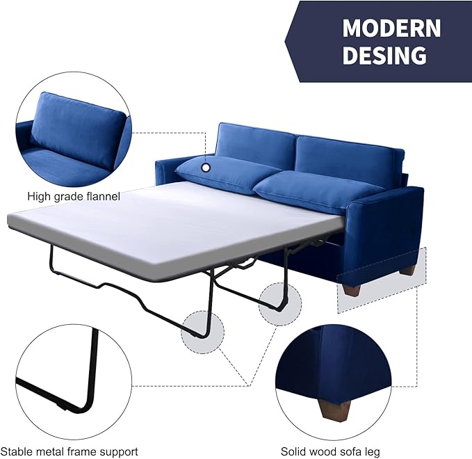 ZAFLY 77 Pull Out Sofa Bed Convertible Sleeper Sofa with Memory Foam Mattress Velvet Modern Couch Bed for Home Apartment Easy Assembly - Blue