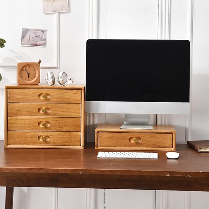 Wooden Desktop Storage Box with Drawers A4 File Cabinet Suitable for School and Office Supplies Three-Tier Wood Color(White3 Layer)