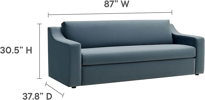 Modway Liora 87 Inch Stain-Resistant Performance Velvet Sofa in Cadet Blue - 3 Seater Upholstered Sofa Couch for Living Room Seating - Comfy Deep Seat Sofa with Scoop Arms
