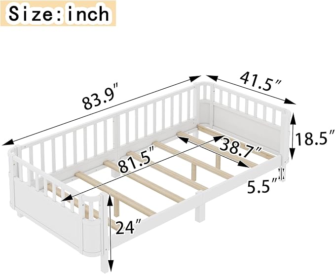 Bellemave Twin XL Montessori Bed with Fence and Slats Twin XL Low Platform Bed Frame with Detachable Side Bed Rails and Rounded Corner Design Easy Assemble Montessori Bed White